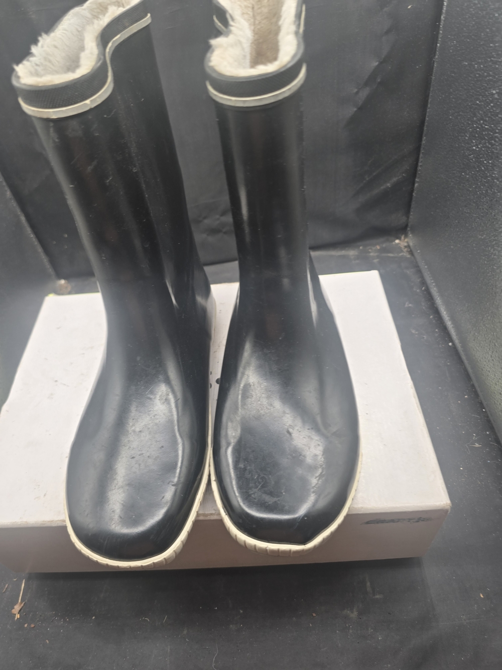 Tretorn Black Winter Rain Boots with Cream Trim